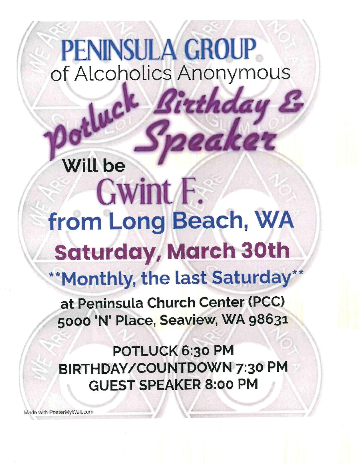 Peninsula Group of AA Birthday Speaker Meeting Vancouver Intergroup